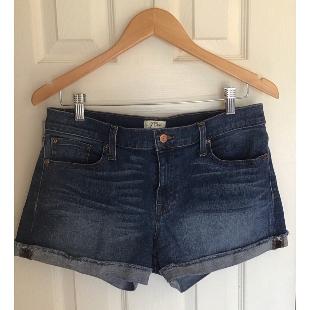 J Crew Women's Denim Jean Shorts Dark Wash Cuffed Cut Off Size 29 flat front